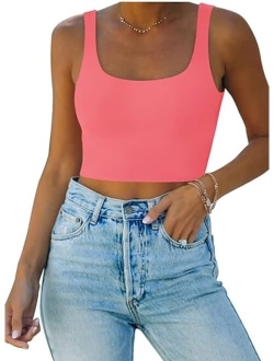 Womens Sexy Square Neck Double Lined Seamless Sleeveless Cropped Tank Yoga Crop Tops