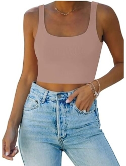 Womens Sexy Square Neck Double Lined Seamless Sleeveless Cropped Tank Yoga Crop Tops