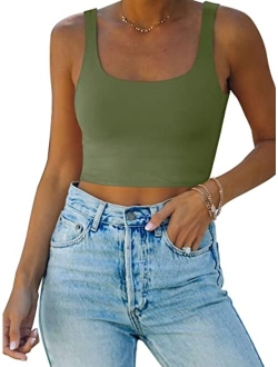 Womens Sexy Square Neck Double Lined Seamless Sleeveless Cropped Tank Yoga Crop Tops