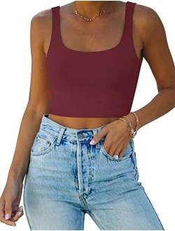 Womens Sexy Square Neck Double Lined Seamless Sleeveless Cropped Tank Yoga Crop Tops