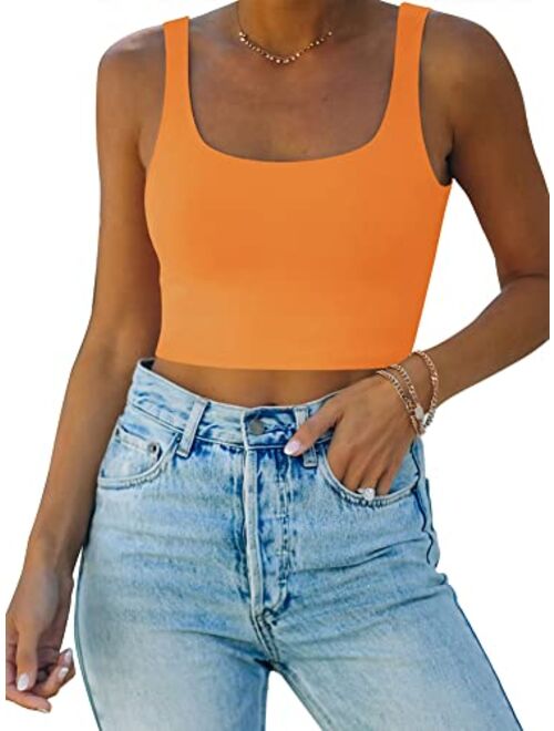 REORIA Women’s Sexy Square Neck Double Lined Seamless Sleeveless Cropped Tank Yoga Crop Tops