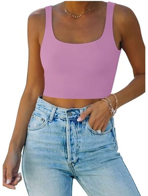 REORIA Women’s Sexy Square Neck Double Lined Seamless Sleeveless Cropped Tank Yoga Crop Tops