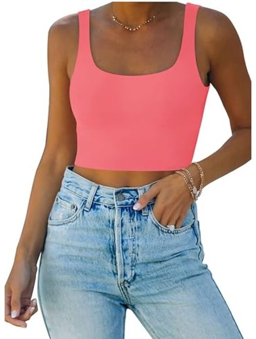 REORIA Women’s Sexy Square Neck Double Lined Seamless Sleeveless Cropped Tank Yoga Crop Tops