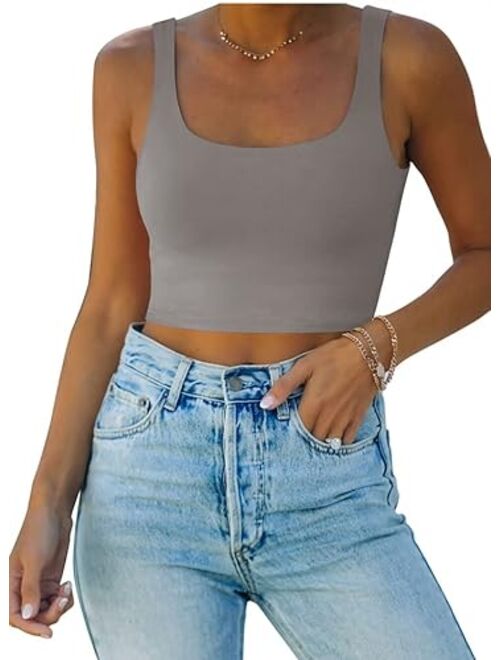 REORIA Women’s Sexy Square Neck Double Lined Seamless Sleeveless Cropped Tank Yoga Crop Tops