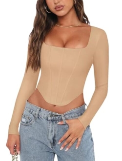 Womens Sexy Square Neck Long Sleeve Backless Y2K Going Out Boned Bustier Corset Crop Tops -