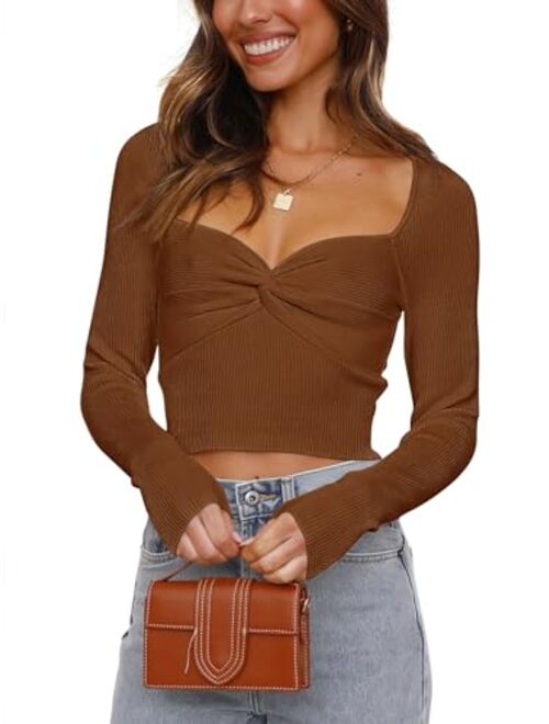 REORIA Women's Sexy Sweetheart Neck Cropped Sweater Long Sleeve Ribbed Knit Twisted Knot Front Pullover Crop top