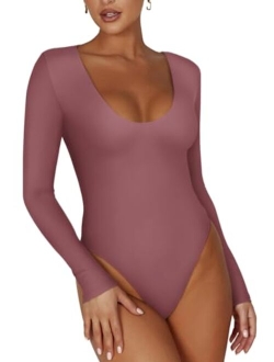 Womens Sexy Scoop Neck Long Sleeve Double Lined Stretchy Shirt Tops Going Out Bodysuits