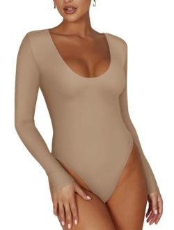 Womens Sexy Scoop Neck Long Sleeve Double Lined Stretchy Shirt Tops Going Out Bodysuits