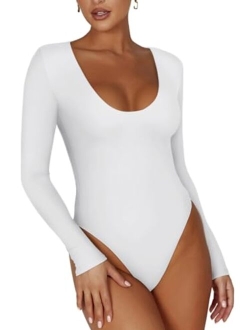 Womens Sexy Scoop Neck Long Sleeve Double Lined Stretchy Shirt Tops Going Out Bodysuits