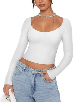 Womens Sexy Scoop Neck Long Sleeve Double Lined Basic Shirts Fitted Y2K Trendy Crop Tops