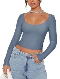 Womens Sexy Scoop Neck Long Sleeve Double Lined Basic Shirts Fitted Y2K Trendy Crop Tops