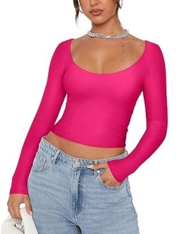 Womens Sexy Scoop Neck Long Sleeve Double Lined Basic Shirts Fitted Y2K Trendy Crop Tops