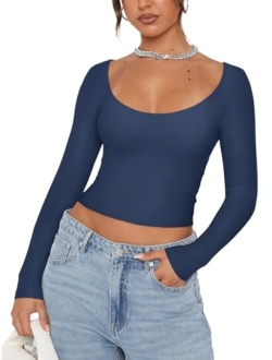 Womens Sexy Scoop Neck Long Sleeve Double Lined Basic Shirts Fitted Y2K Trendy Crop Tops