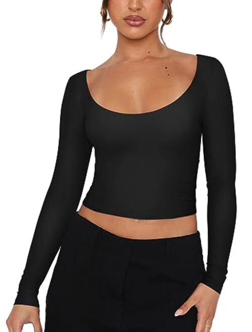 REORIA Womens Sexy Scoop Neck Long Sleeve Double Lined Basic Shirts Fitted Y2K Trendy Crop Tops