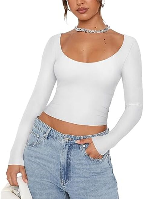 REORIA Womens Sexy Scoop Neck Long Sleeve Double Lined Basic Shirts Fitted Y2K Trendy Crop Tops