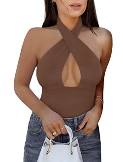 Women's Sexy Criss Cross Halter Neck Sleeveless Thong Bodysuits Tops Clubwear