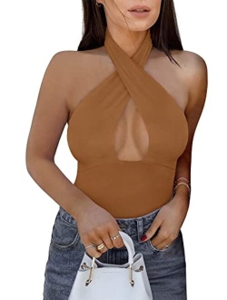 Women's Sexy Criss Cross Halter Neck Sleeveless Thong Bodysuits Tops Clubwear