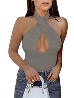 Women's Sexy Criss Cross Halter Neck Sleeveless Thong Bodysuits Tops Clubwear