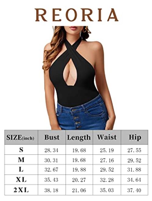 REORIA Women's Sexy Criss Cross Halter Neck Sleeveless Thong Bodysuits Tops Clubwear