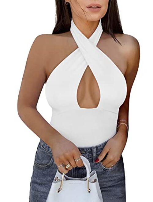 REORIA Women's Sexy Criss Cross Halter Neck Sleeveless Thong Bodysuits Tops Clubwear