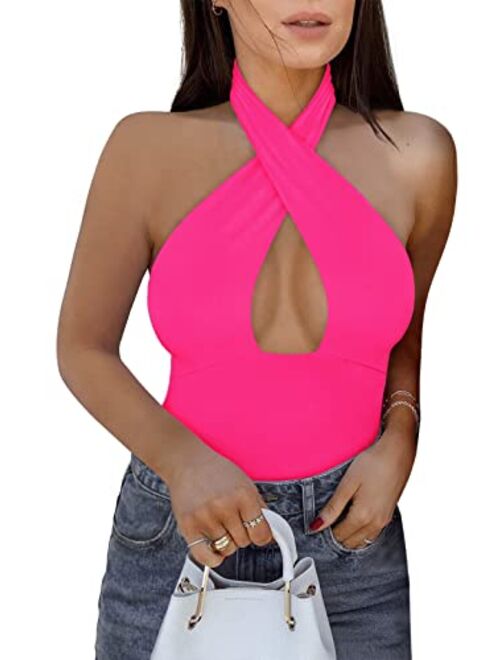 REORIA Women's Sexy Criss Cross Halter Neck Sleeveless Thong Bodysuits Tops Clubwear