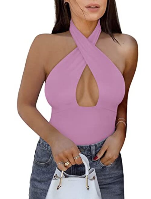 REORIA Women's Sexy Criss Cross Halter Neck Sleeveless Thong Bodysuits Tops Clubwear