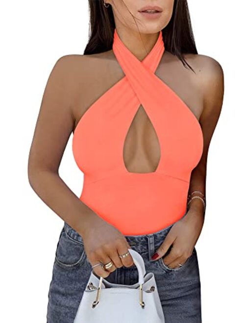 REORIA Women's Sexy Criss Cross Halter Neck Sleeveless Thong Bodysuits Tops Clubwear