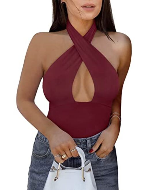 REORIA Women's Sexy Criss Cross Halter Neck Sleeveless Thong Bodysuits Tops Clubwear