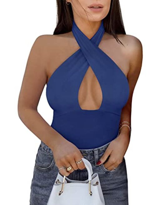 REORIA Women's Sexy Criss Cross Halter Neck Sleeveless Thong Bodysuits Tops Clubwear