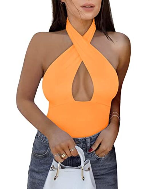 REORIA Women's Sexy Criss Cross Halter Neck Sleeveless Thong Bodysuits Tops Clubwear