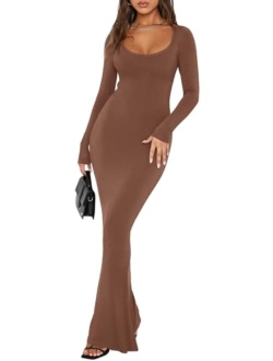 Womens Sexy Square Neck Long Sleeve Soft Lounge Long Dress Fall Casual Ribbed Bodycon Maxi Dresses