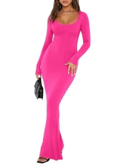 Womens Sexy Square Neck Long Sleeve Soft Lounge Long Dress Fall Casual Ribbed Bodycon Maxi Dresses