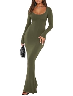 Womens Sexy Square Neck Long Sleeve Soft Lounge Long Dress Fall Casual Ribbed Bodycon Maxi Dresses