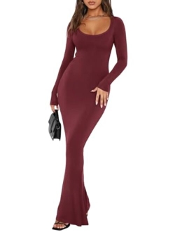 Womens Sexy Square Neck Long Sleeve Soft Lounge Long Dress Fall Casual Ribbed Bodycon Maxi Dresses