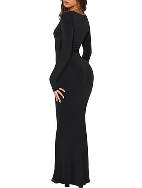 REORIA Womens Sexy Square Neck Long Sleeve Soft Lounge Long Dress Fall Casual Ribbed Bodycon Maxi Dresses