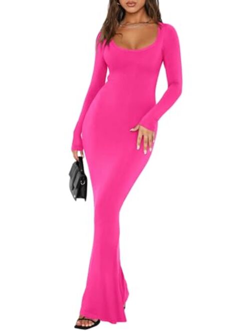 REORIA Womens Sexy Square Neck Long Sleeve Soft Lounge Long Dress Fall Casual Ribbed Bodycon Maxi Dresses