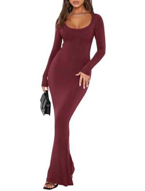 REORIA Womens Sexy Square Neck Long Sleeve Soft Lounge Long Dress Fall Casual Ribbed Bodycon Maxi Dresses