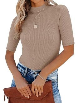 Women's Basic Mock Neck Half Sleeve Slim-Fit Leotards Tops Dressy Casual Ribbed Knit Bodysuit Shirts