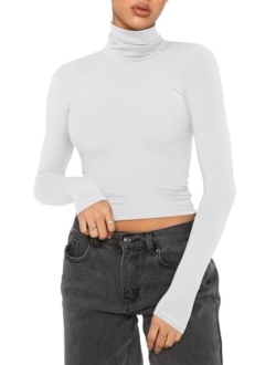 Women's Fall Turtleneck Long Sleeve Ribbed Slim Fitted Tshirts Trendy Basic Y2K Crop Top