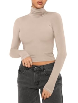 Women's Fall Turtleneck Long Sleeve Ribbed Slim Fitted Tshirts Trendy Basic Y2K Crop Top