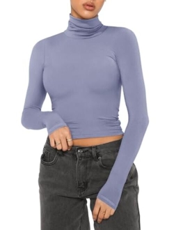 Women's Fall Turtleneck Long Sleeve Ribbed Slim Fitted Tshirts Trendy Basic Y2K Crop Top