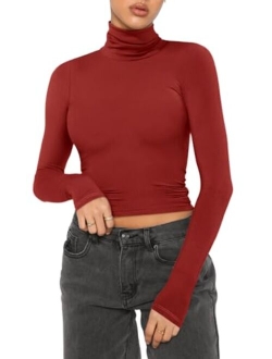 Women's Fall Turtleneck Long Sleeve Ribbed Slim Fitted Tshirts Trendy Basic Y2K Crop Top