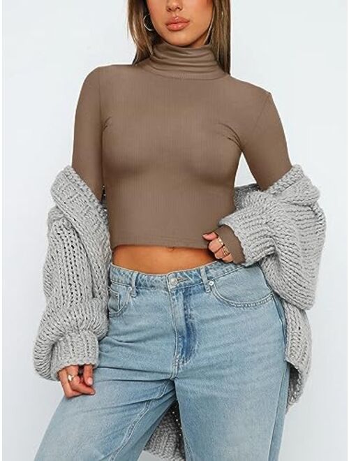 REORIA Women's Fall Turtleneck Long Sleeve Ribbed Slim Fitted Tshirts Trendy Basic Y2K Crop Top