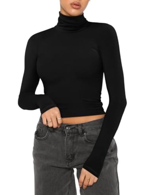 REORIA Women's Fall Turtleneck Long Sleeve Ribbed Slim Fitted Tshirts Trendy Basic Y2K Crop Top