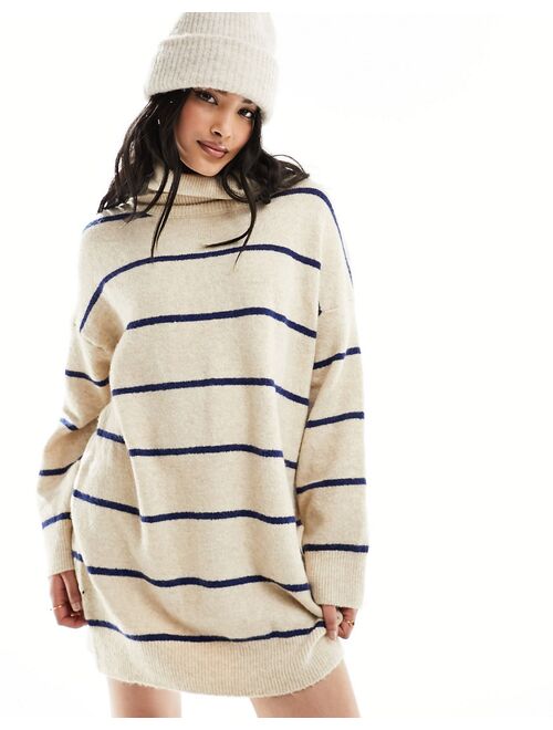 Pull&Bear knitted roll neck sweater dress in sand stripe