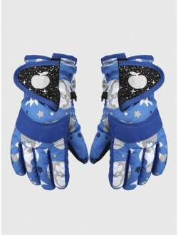 Shein 1pair Kids' Dinosaur Print Waterproof Thickened Winter Warm Gloves, Suitable For Cycling, Skating, And Skiing