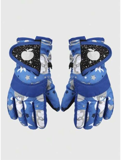 Shein 1pair Kids' Dinosaur Print Waterproof Thickened Winter Warm Gloves, Suitable For Cycling, Skating, And Skiing