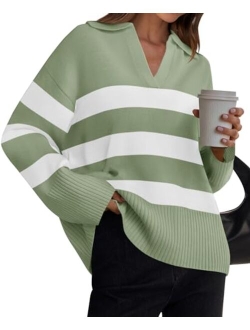 Women's 2024 Winter Striped Sweaters Lapel V Neck Long Sleeve Chunky Knit Oversized Pullover Sweater Jumper Tops