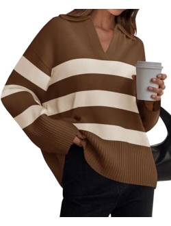 Women's 2024 Winter Striped Sweaters Lapel V Neck Long Sleeve Chunky Knit Oversized Pullover Sweater Jumper Tops