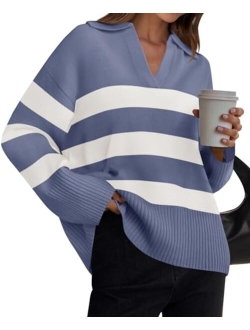 Women's 2024 Winter Striped Sweaters Lapel V Neck Long Sleeve Chunky Knit Oversized Pullover Sweater Jumper Tops